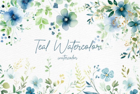 Watercolor Teal Flowers Clipart Graphic Illustrations By LeCoqDesign