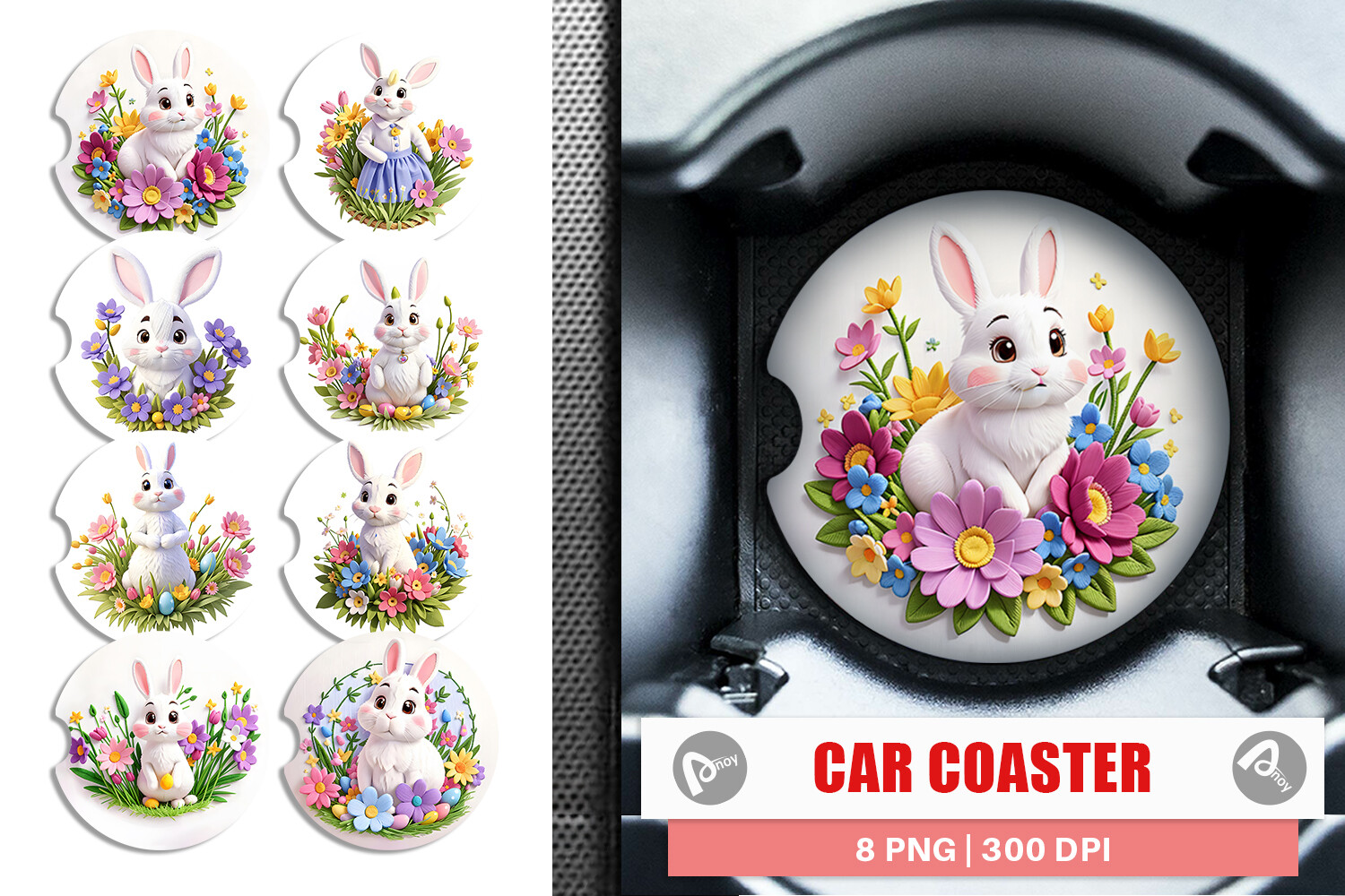Car Coaster Bunny Easter Embroidery Graphic by Artnoy · Creative Fabrica