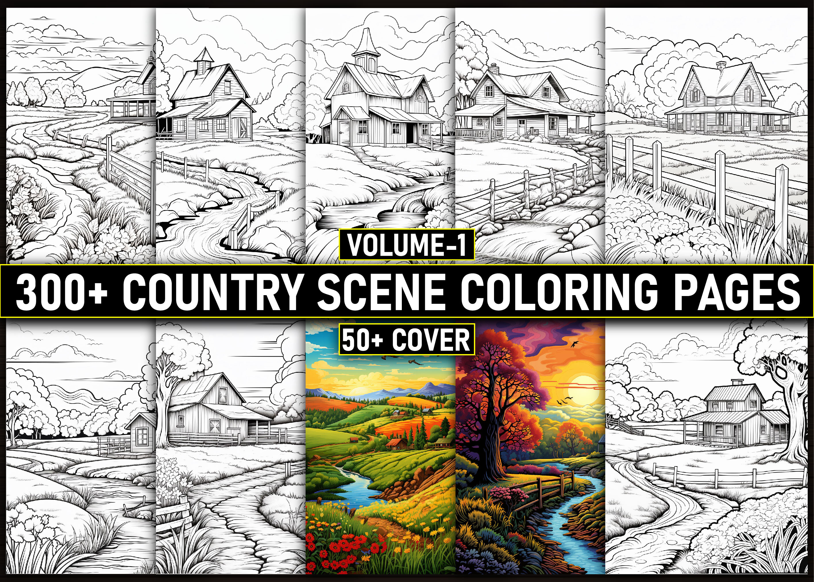 300 Country Scene Coloring Pages for KDP Graphic by Creativetee ...