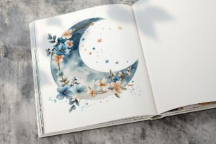 Boho Floral Moon Blue Watercolor Clipart Graphic by ArtCursor ...