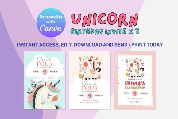 Canva Unicorn Birthday Invitation X 3
