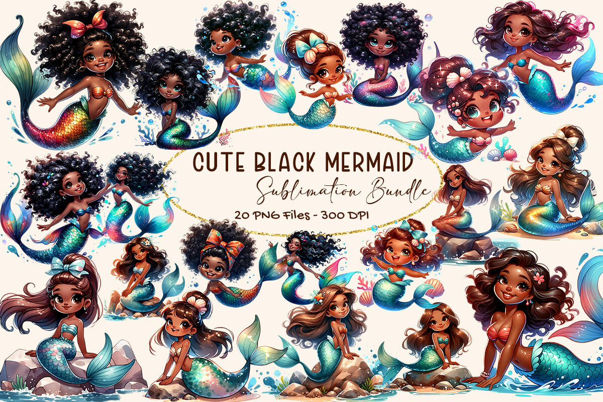 Cute Black Mermaid Bundle Graphic by Smoothies.art · Creative Fabrica