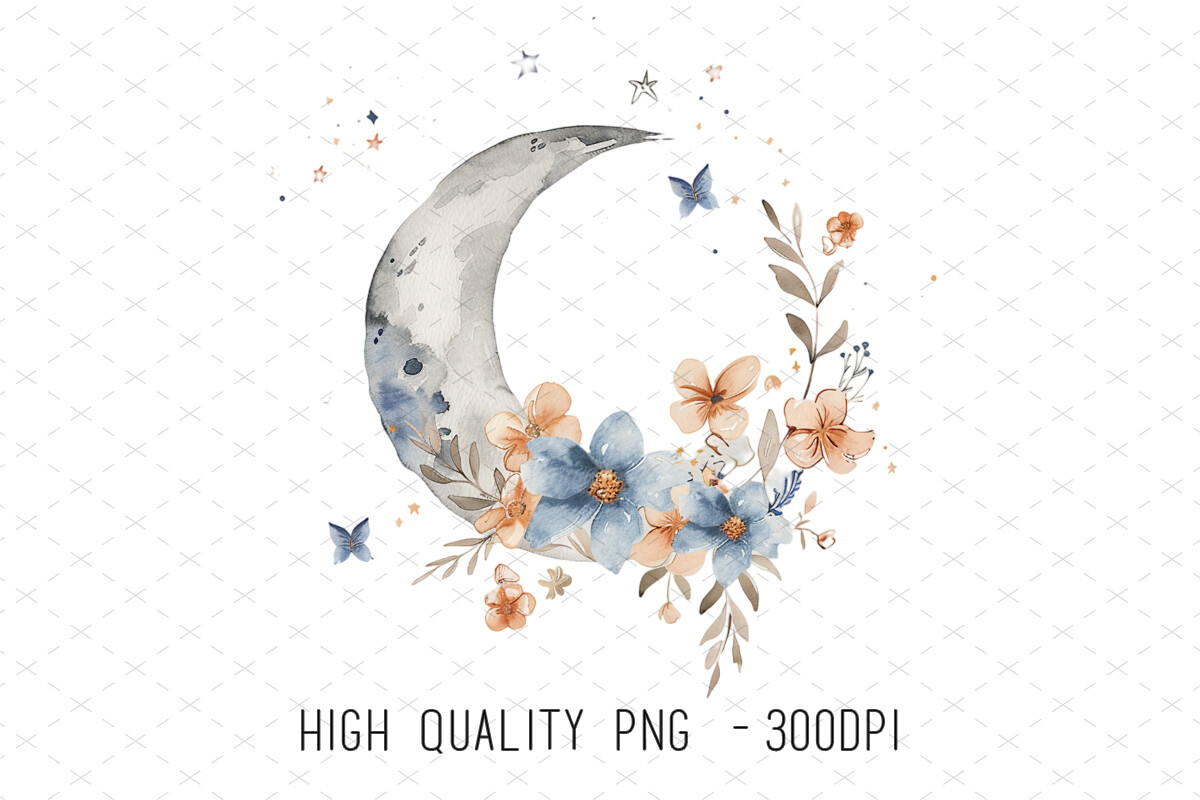 Floral Boho Moon Crescent Watercolor Png Graphic by ArtCursor ...