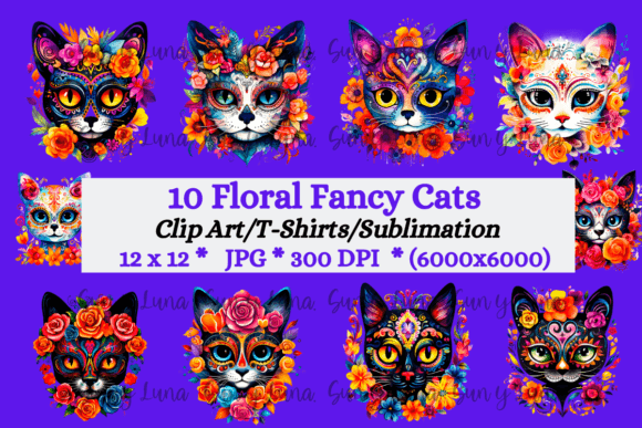 Floral Fancy Cats Clip Art Graphic AI Transparent PNGs By SunYLuna