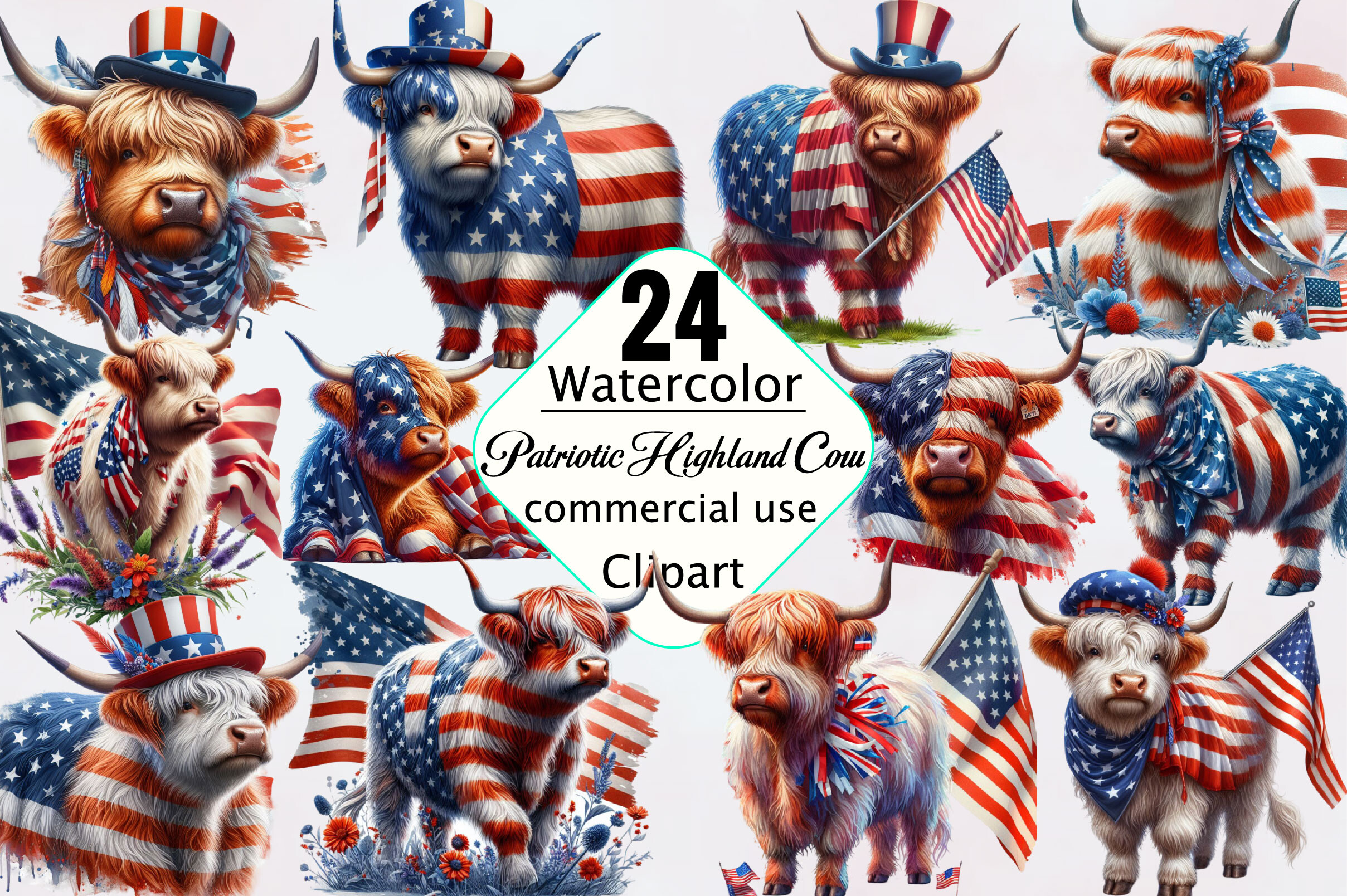 Watercolor Patriotic Highland Cow PNG Graphic by SVGArt · Creative Fabrica
