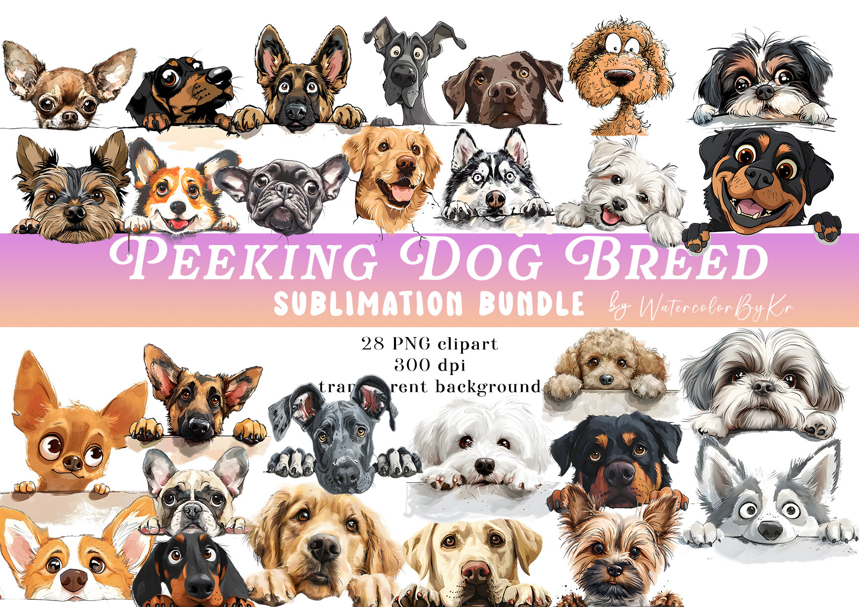 Watercolor Peeking Dog Breed Bundle Graphic by WatercolorByKr ...