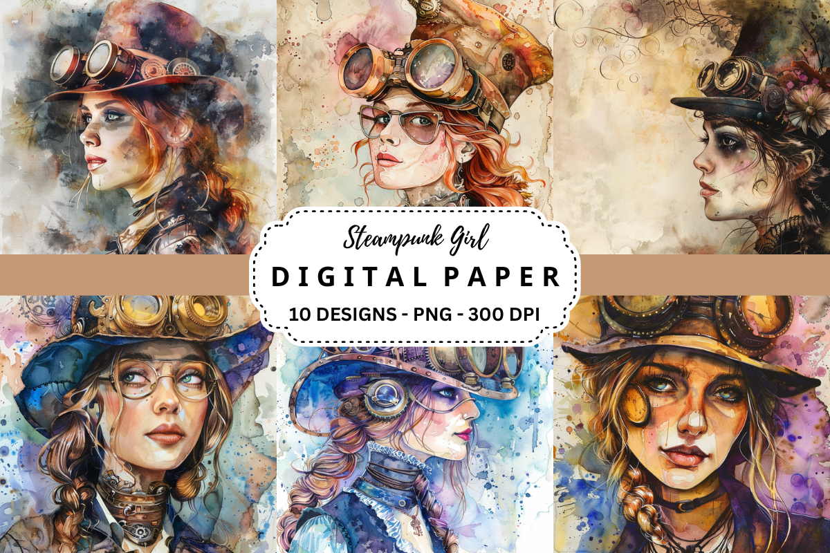 Watercolor Steampunk Girl Background Graphic by pcudesigns · Creative ...
