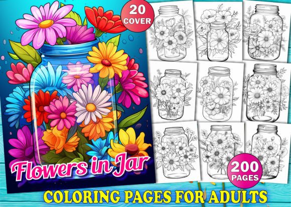 Preview of 200 Flowers Jar Coloring Book for Adults adult coloring pages