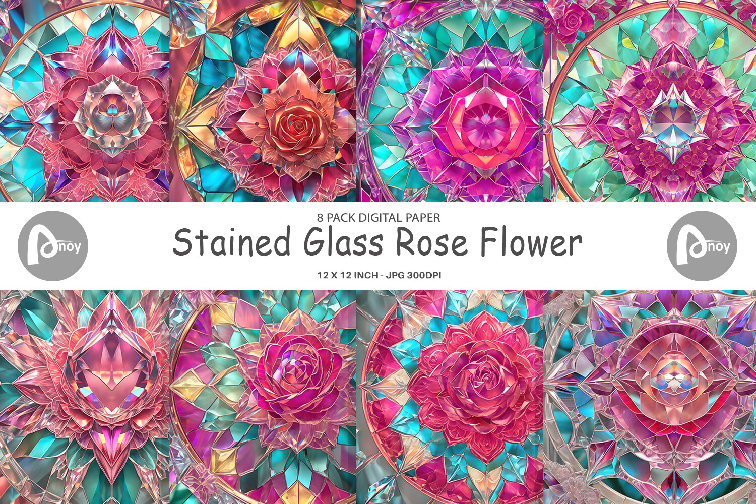 Digital Paper Stained Glass Rose Flower Graphic by Artnoy · Creative ...