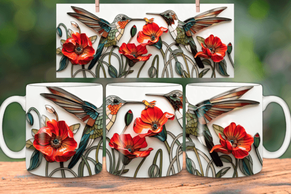3d Hummingbirds Poppies Mug Wrap 11oz Graphics