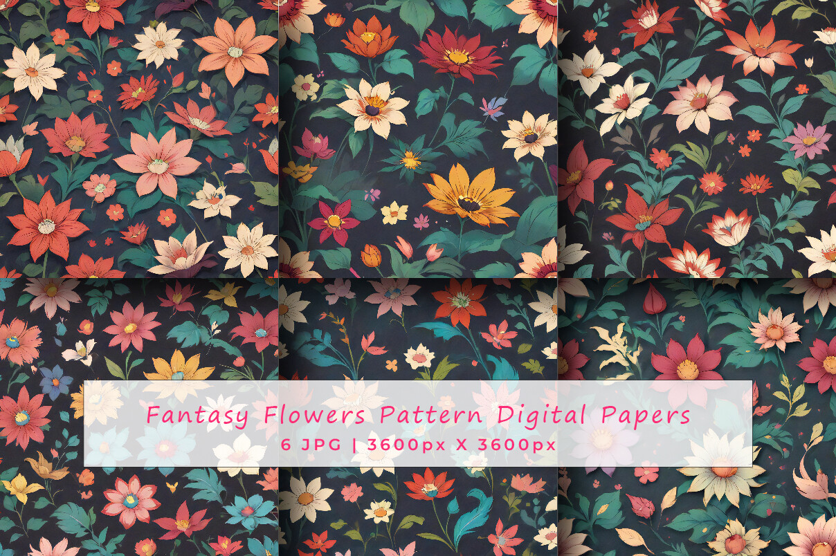 Fantasy Flowers Digital Paper Patterns Graphic by srempire · Creative ...