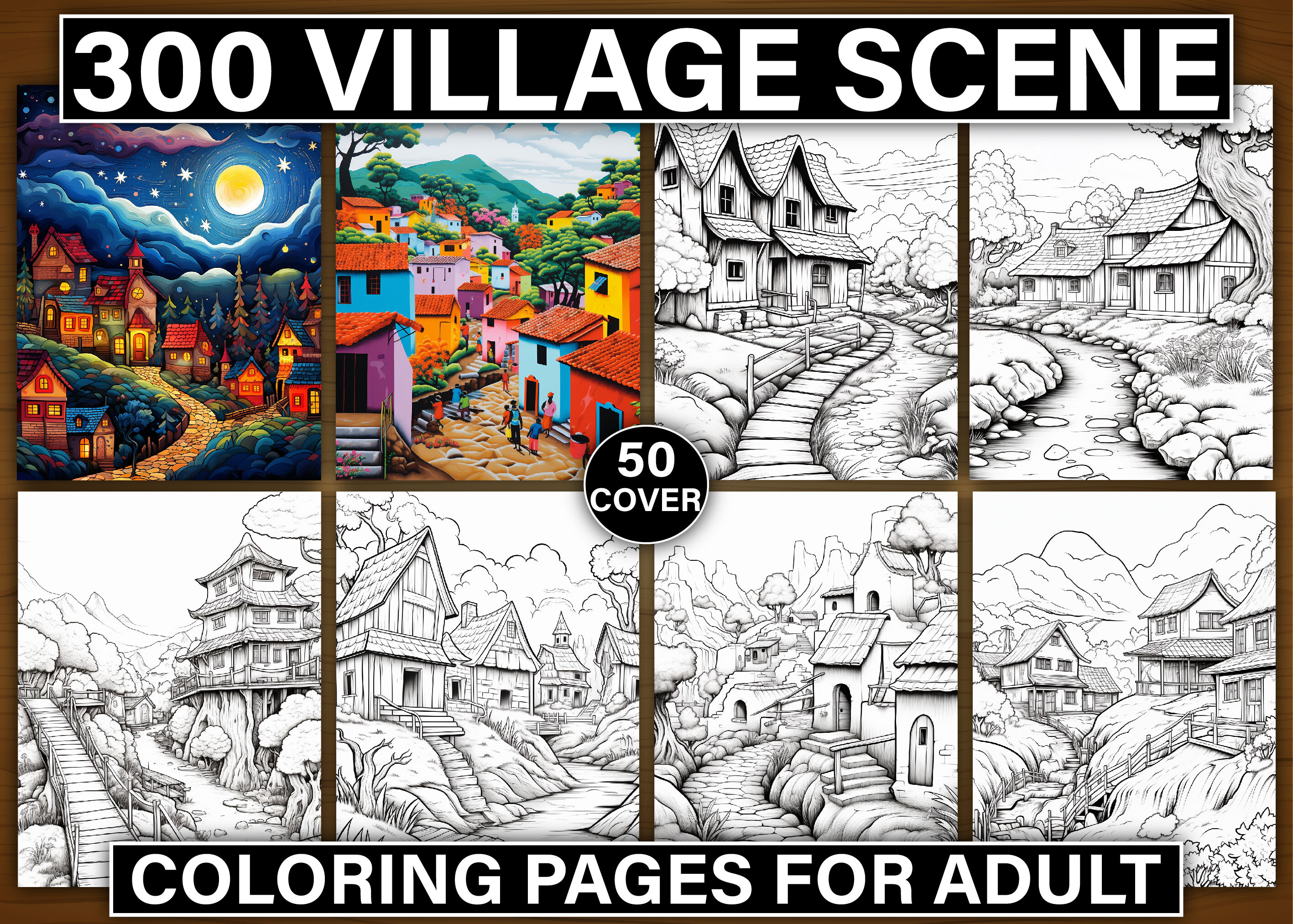 300 Village Scene Coloring Pages for KDP
