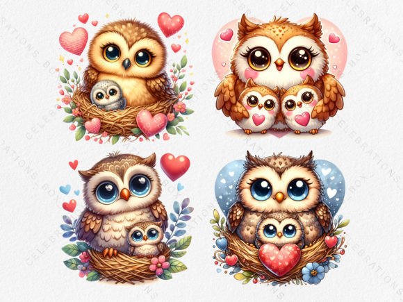 Watercolor Owl Mother and Baby Cliparts