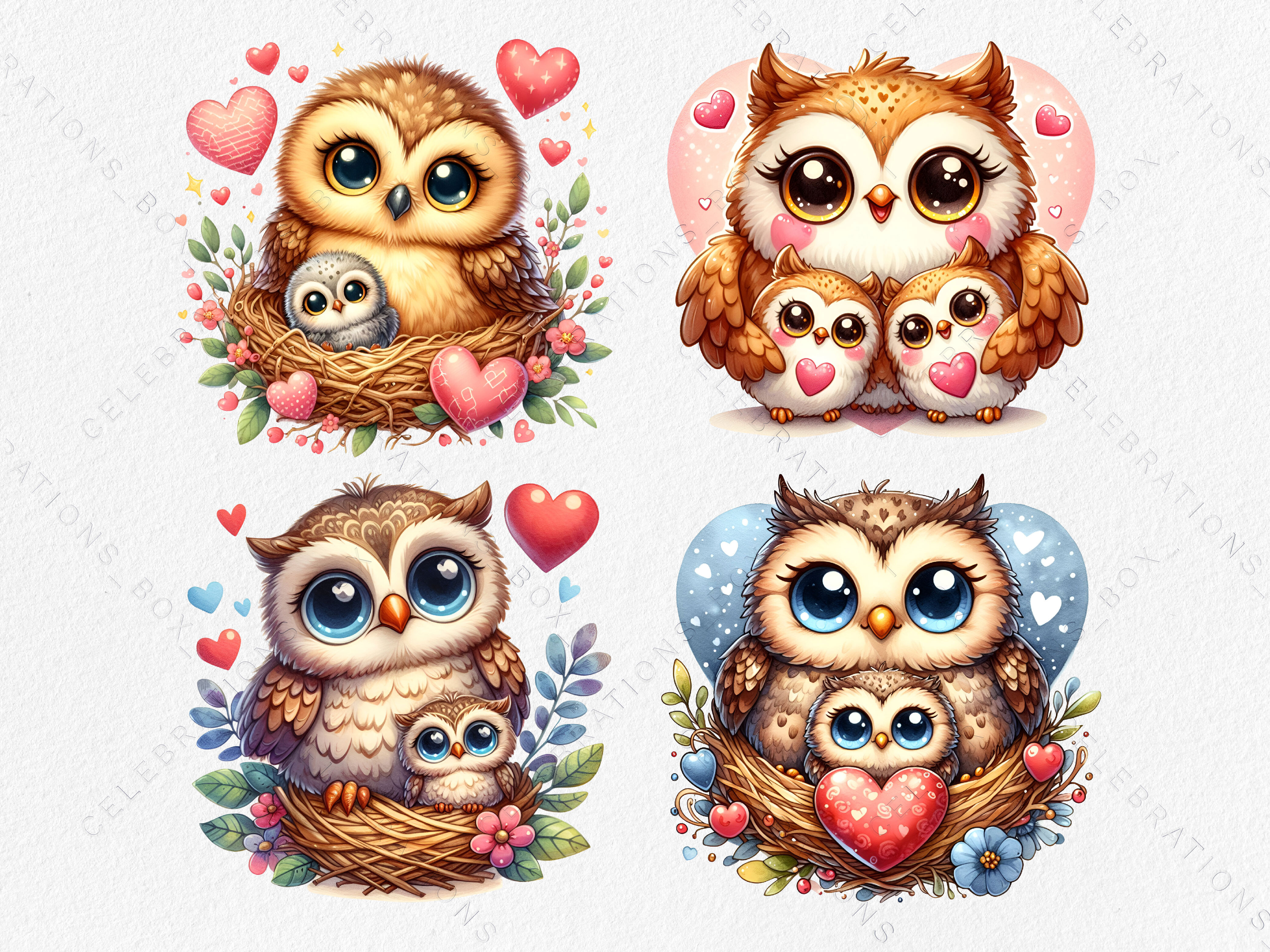 Watercolor Owl Mother and Baby Cliparts