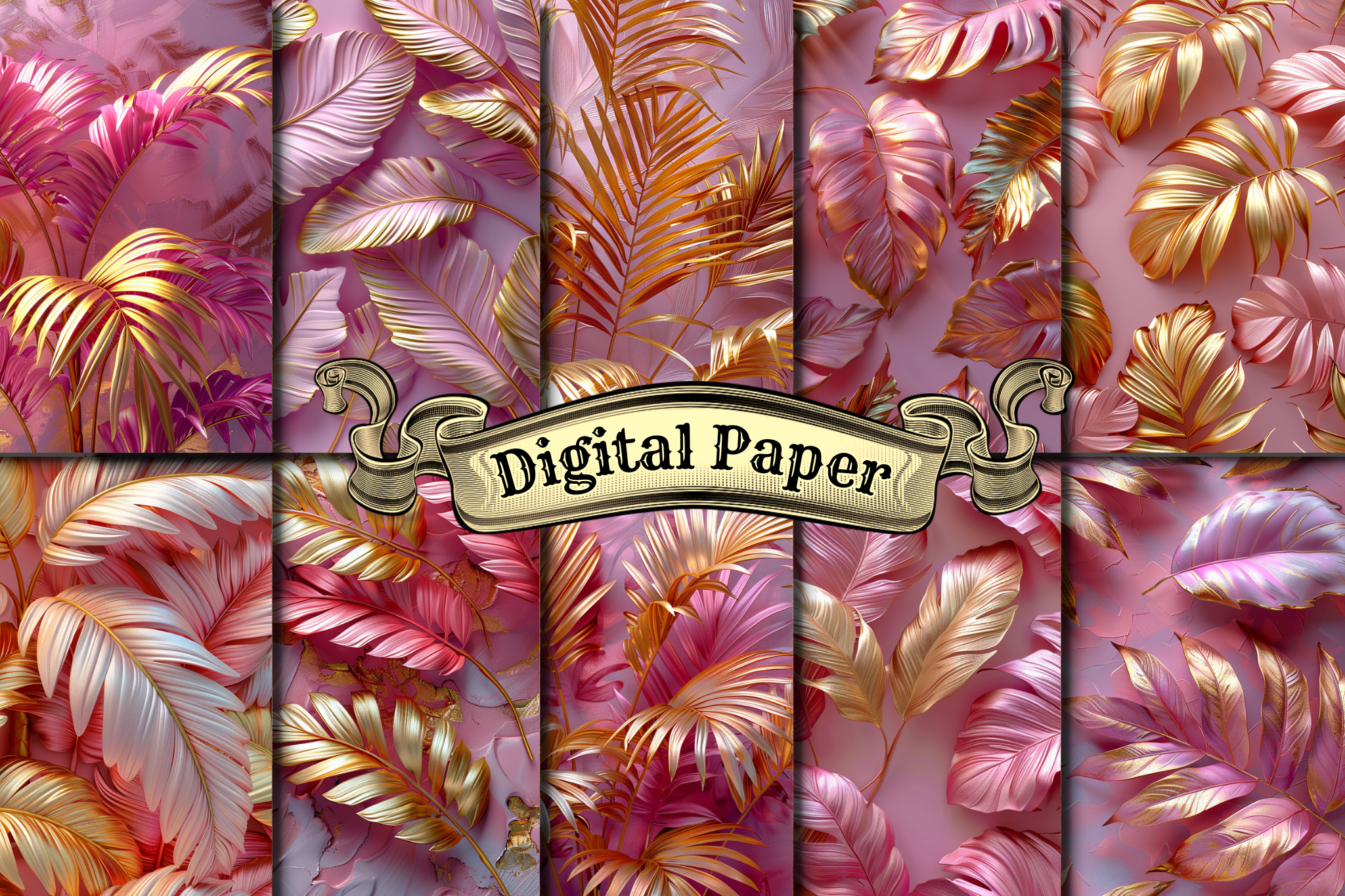 Pink and Gold Palm Leaves Digital Paper Graphic by craftsmaker ...