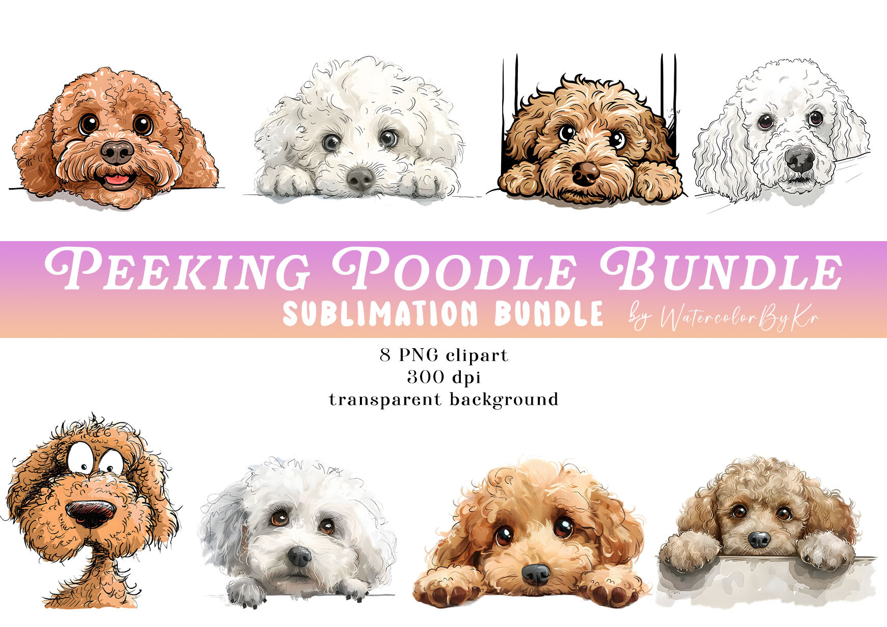 Watercolor Peeking Poodle Dog Bundle Graphic by WatercolorByKr ...