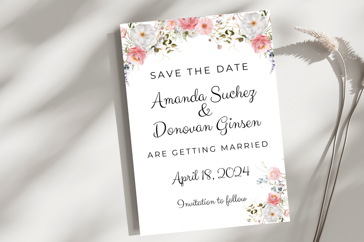 Pink and White Floral Save the Date Card