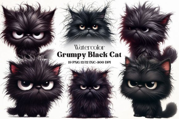 Watercolor Grumpy Black Cat Clipart Graphic by RevolutionCraft ...