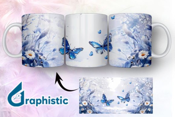 Blue Floral Butterfly Mug Wrap Graphics