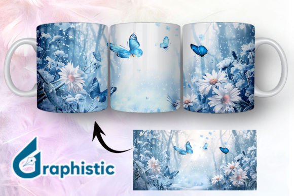 Blue Floral Butterfly Mug Wrap Graphics