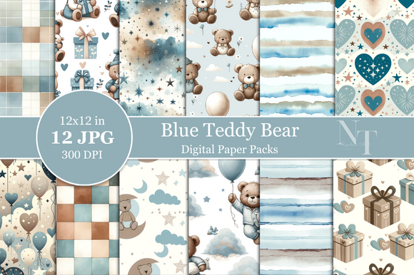Blue Teddy Bear Baby Boy Digital Paper Graphic by Nam Tiwa · Creative ...