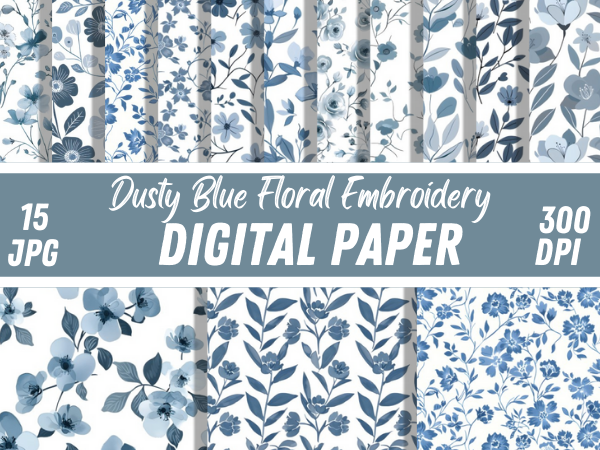 Dusty Blue Floral Embroidery Patterns Graphic by Creative River ...