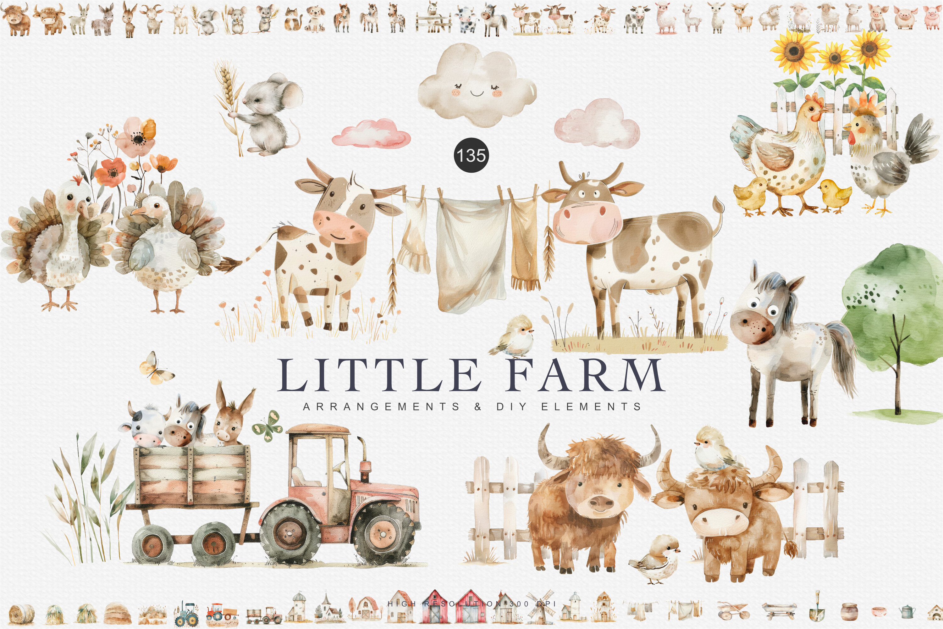 Huge Set Watercolor Farm Animal Clipart
