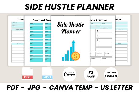 Side Hustle Planner Canva Template with business and marketing worksheet pages