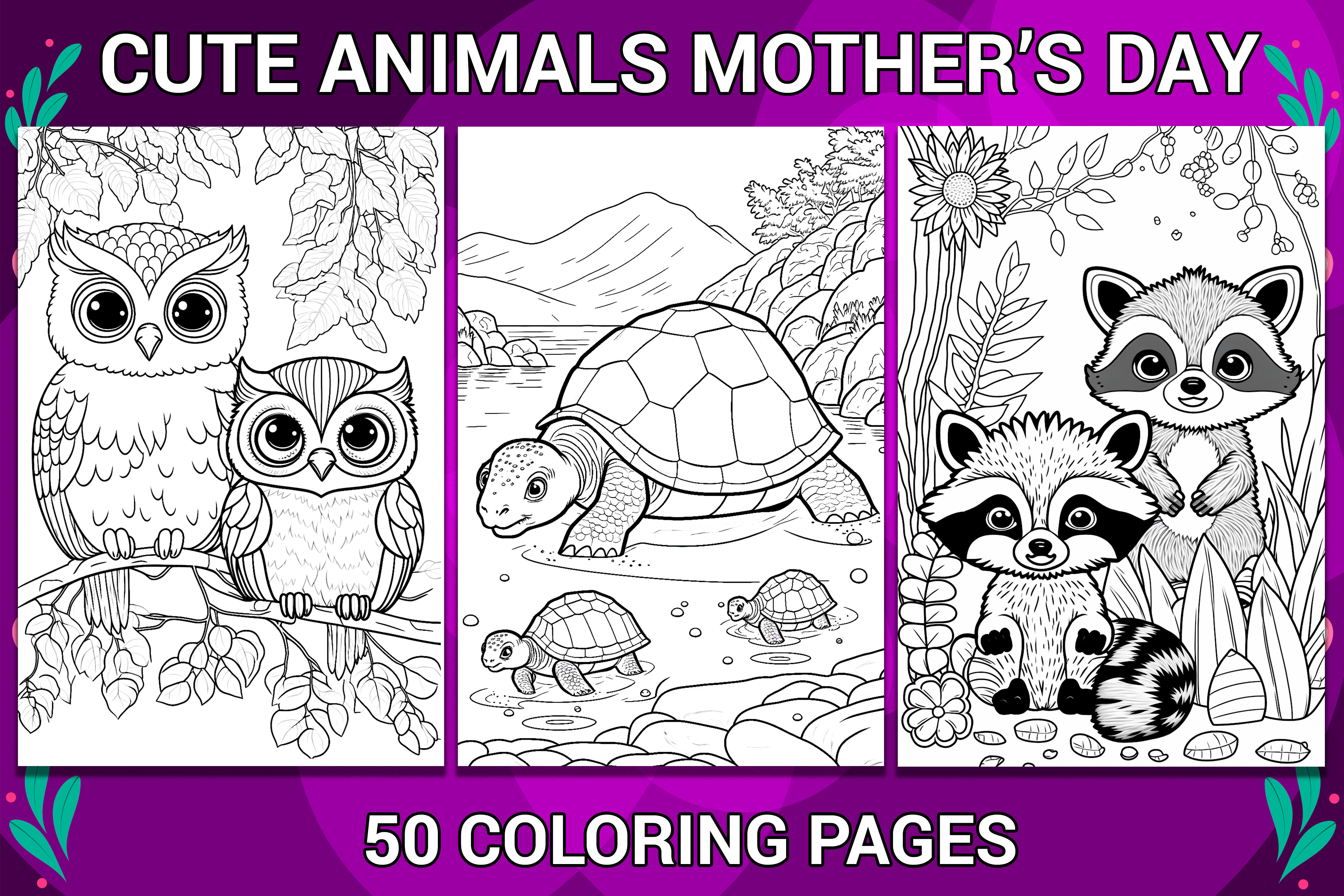 CUTE ANIMALS MOTHER'S DAY COLORING PAGES