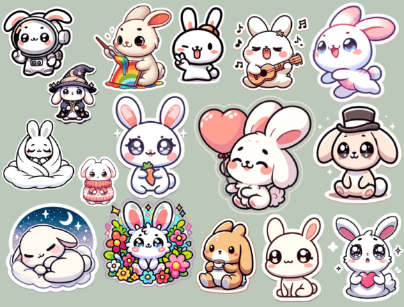 Kawaii Rabbit Stickers, Digital Stickers