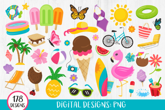 summer pool party beach clipart with floats, sunshine and tropical elements, bright summer png graphics