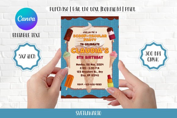 Ice Cream Party Invite Canva Editable