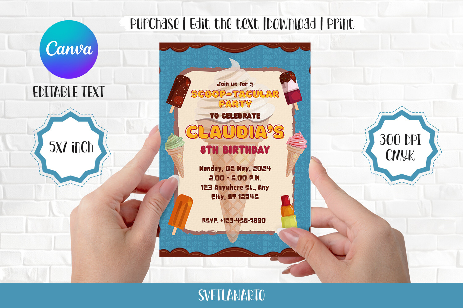 Ice Cream Party Invite Canva Editable