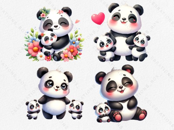 Watercolor Cute Panda Family PNG Clipart