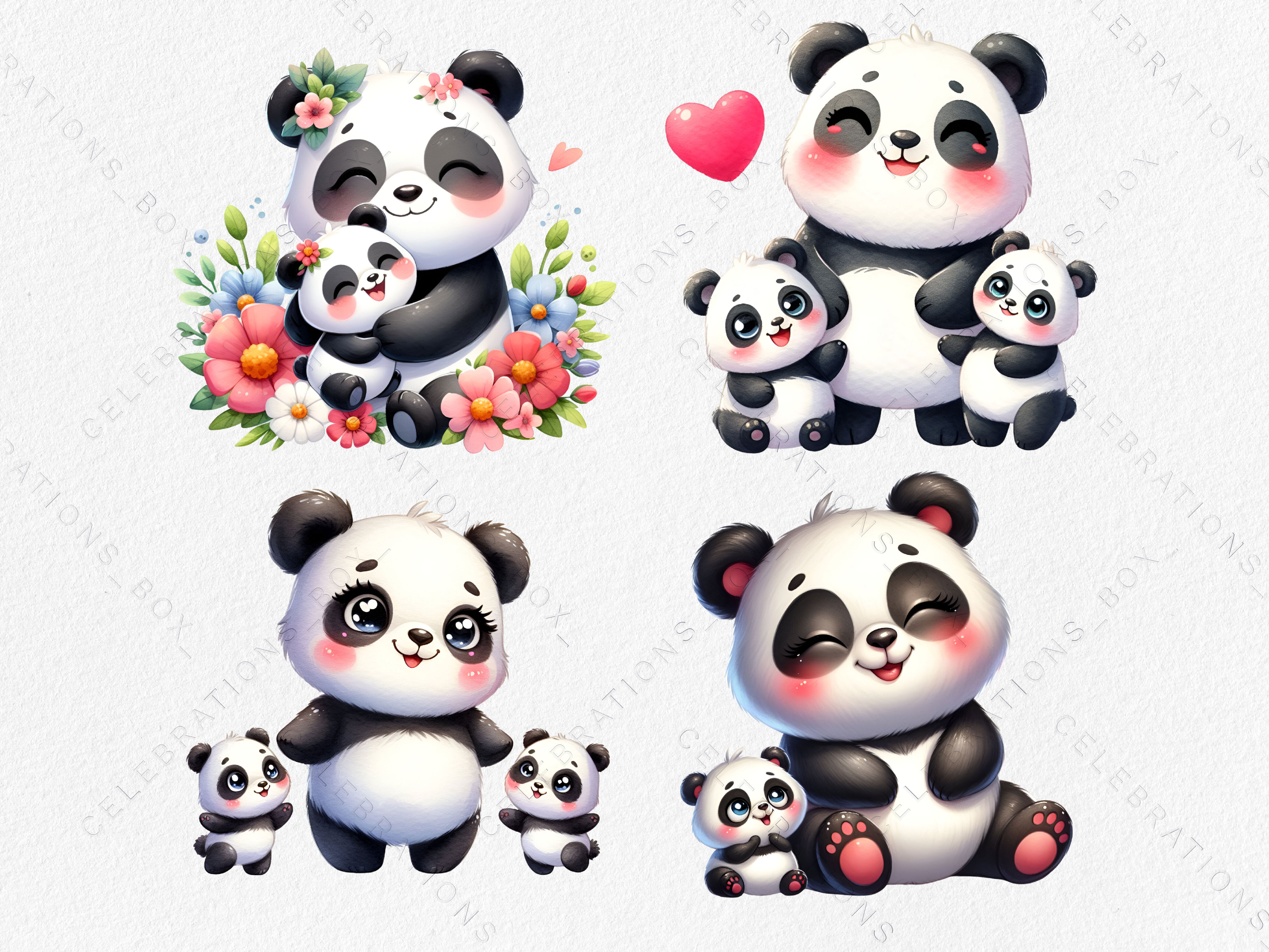Watercolor Cute Panda Family PNG Clipart
