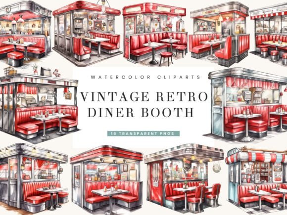 Watercolor Retro Diner Booth Clipart