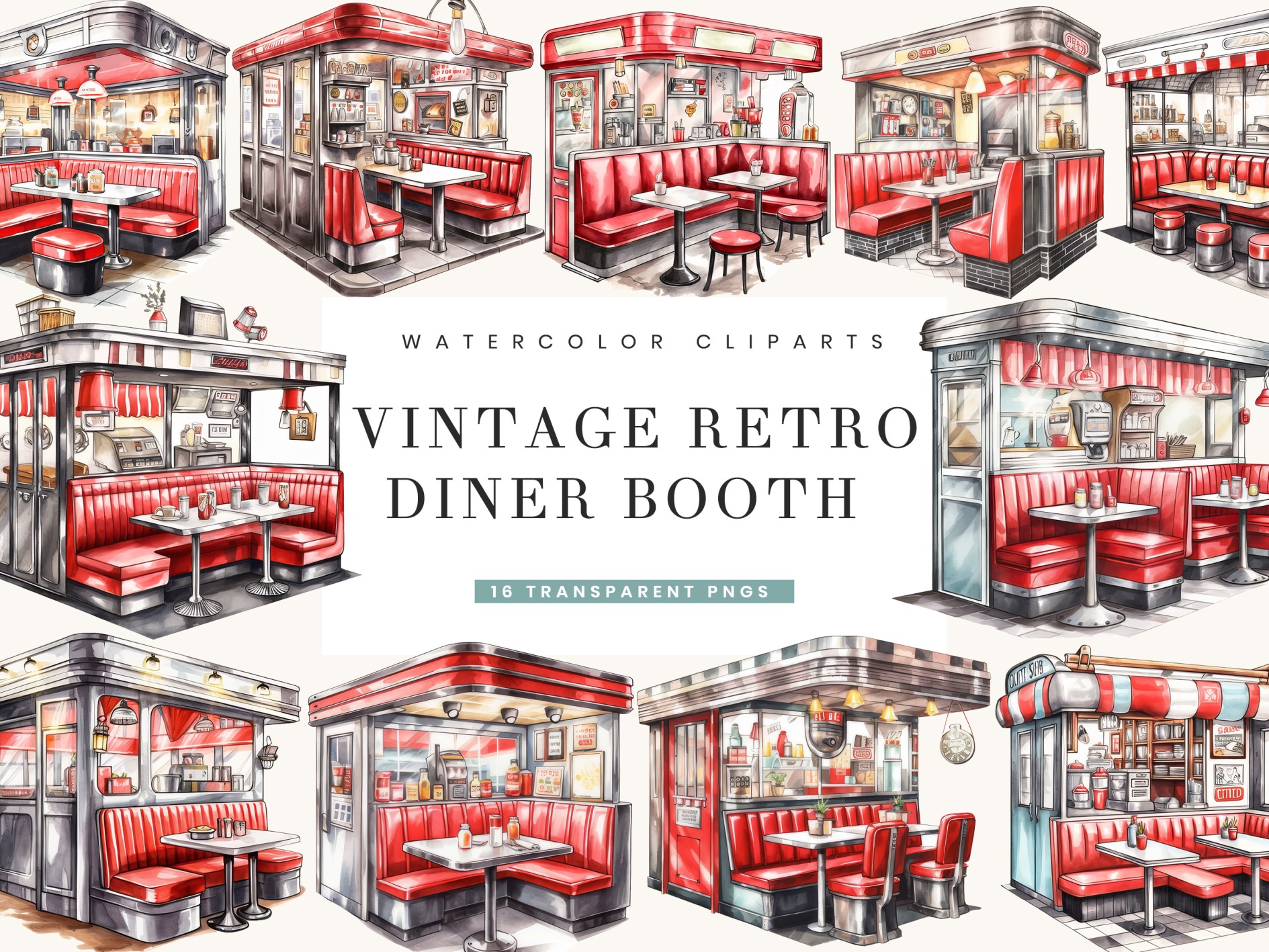 Watercolor Retro Diner Booth Clipart