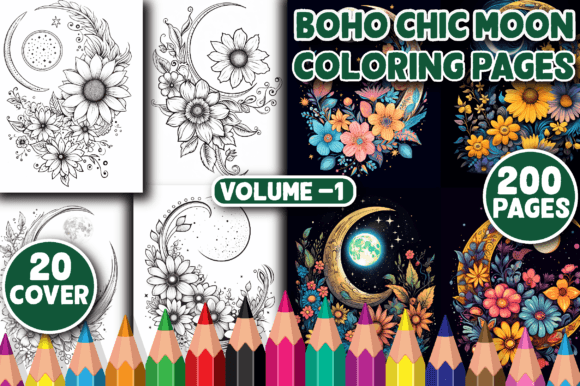 200 Boho Chic Moon Coloring Pages V - 1