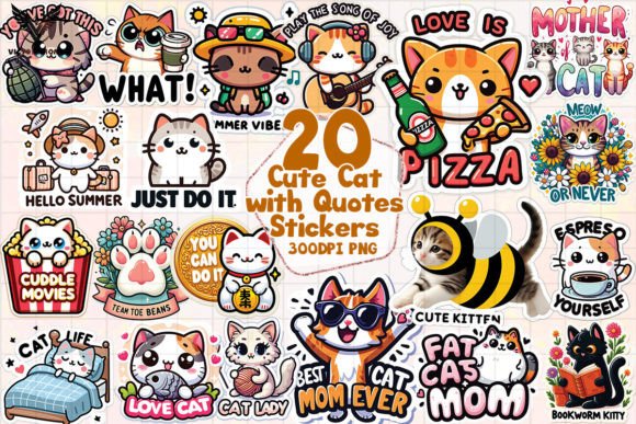 Cute Cat with Quotes Stickers Clipart Graphic Crafts By VictoryHome