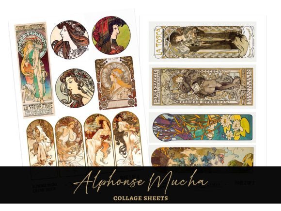 Alphonse Mucha Art Nouveau Collage Sheet Grafica Illustrazioni Stampabili Di Digital Magpie Design Studio