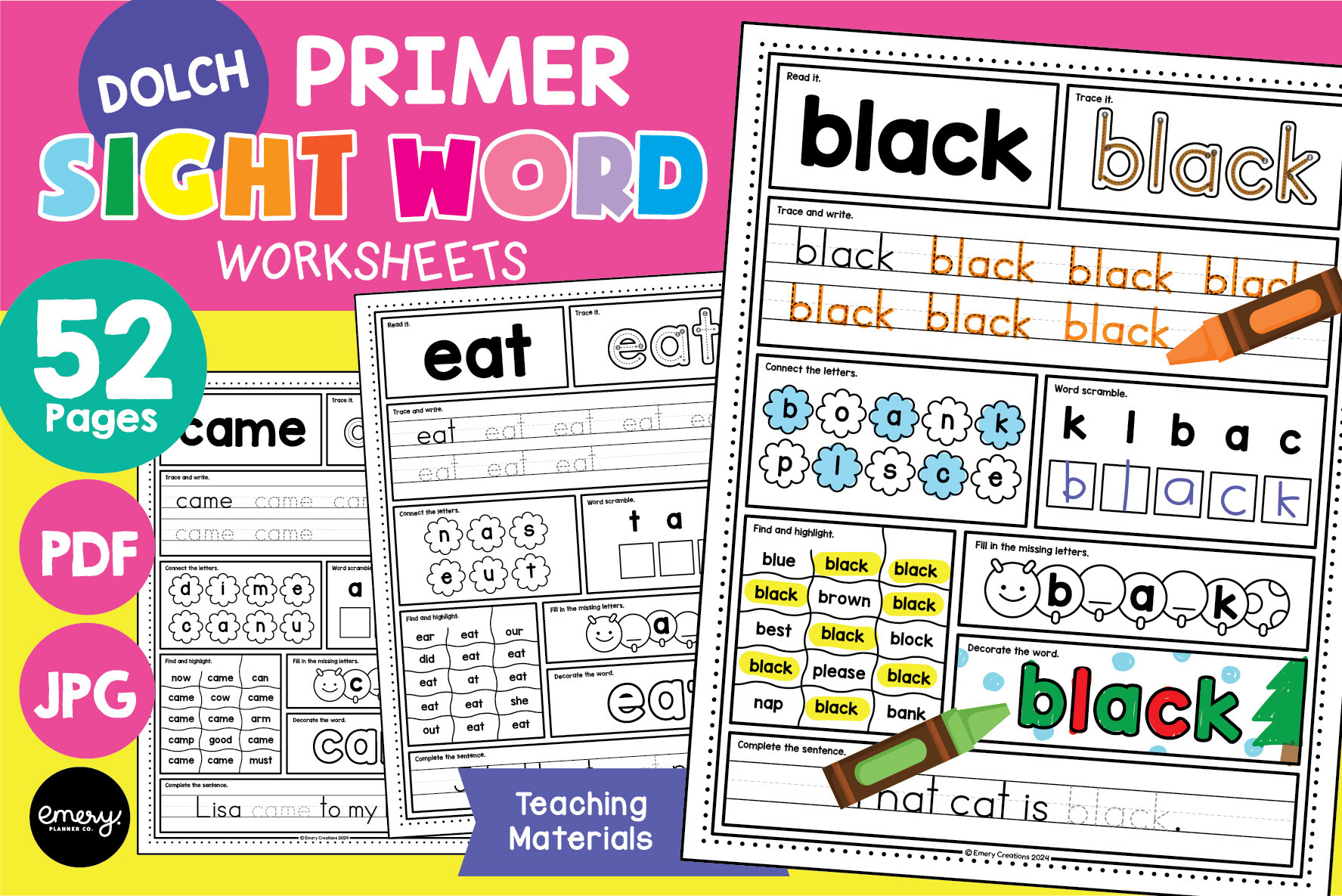 Kindergarten Dolch Sight Word Worksheets