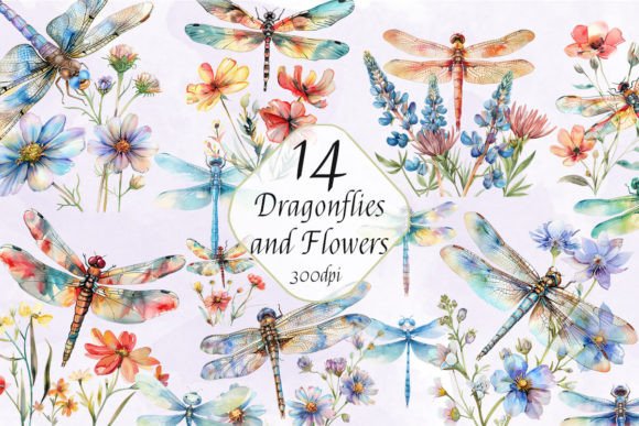 Watercolor Wildflowers and Dragonflies Graphic Illustrations By ArtCursor
