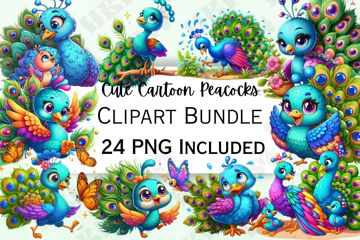 Cute Cartoon Peacocks Clipart Graphic by HBM Clipart · Creative Fabrica