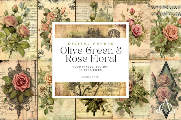 Olive Green and Rose Floral Junk Journal Graphic by Cecily Arts ...