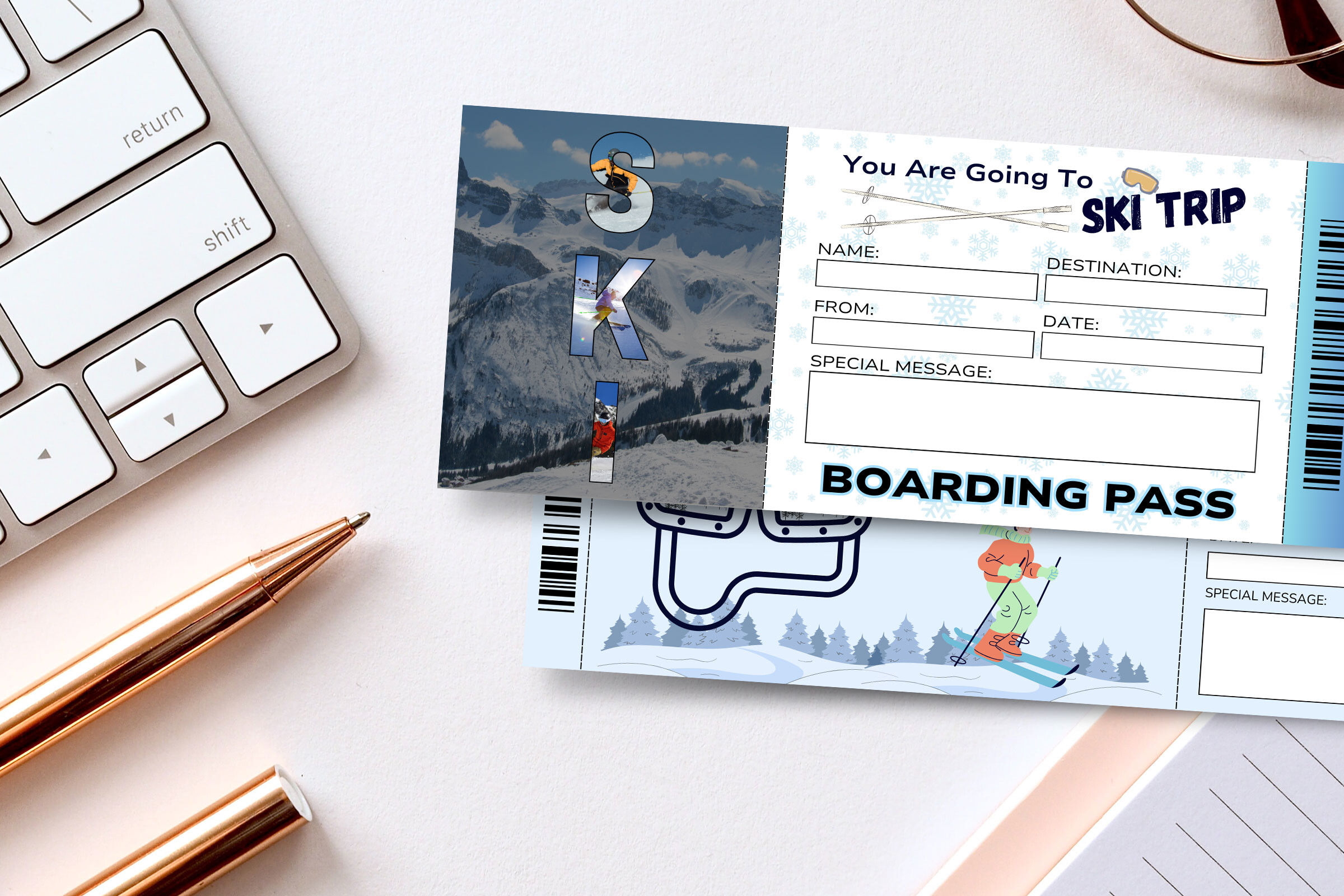 Ski Trip Ticket Canva Editable Template