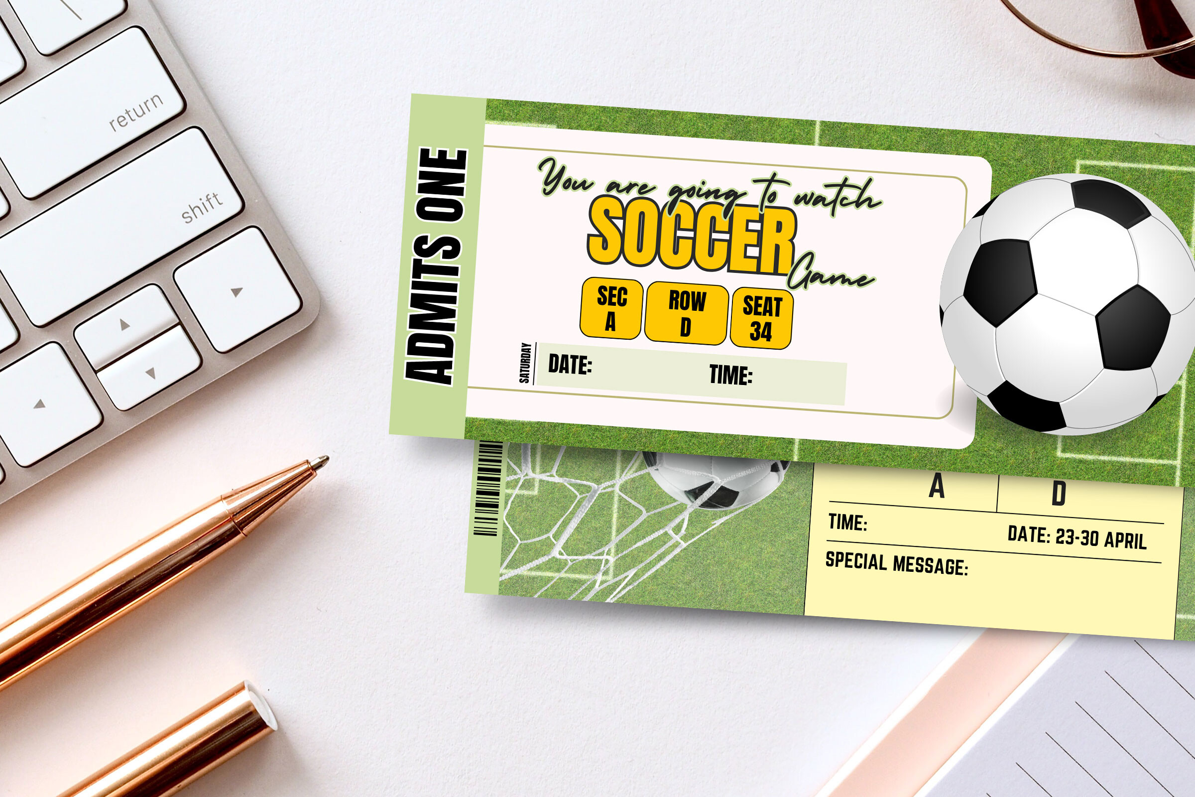 Surprise Soccer Ticket Editable Canva