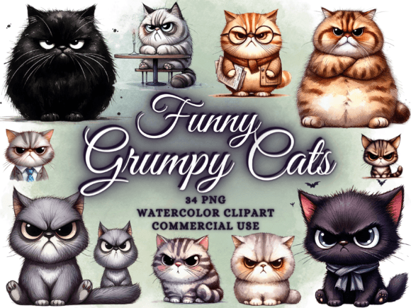 Cute Grumpy Cats Clipart Funny Cat PNG for mugs and shirts