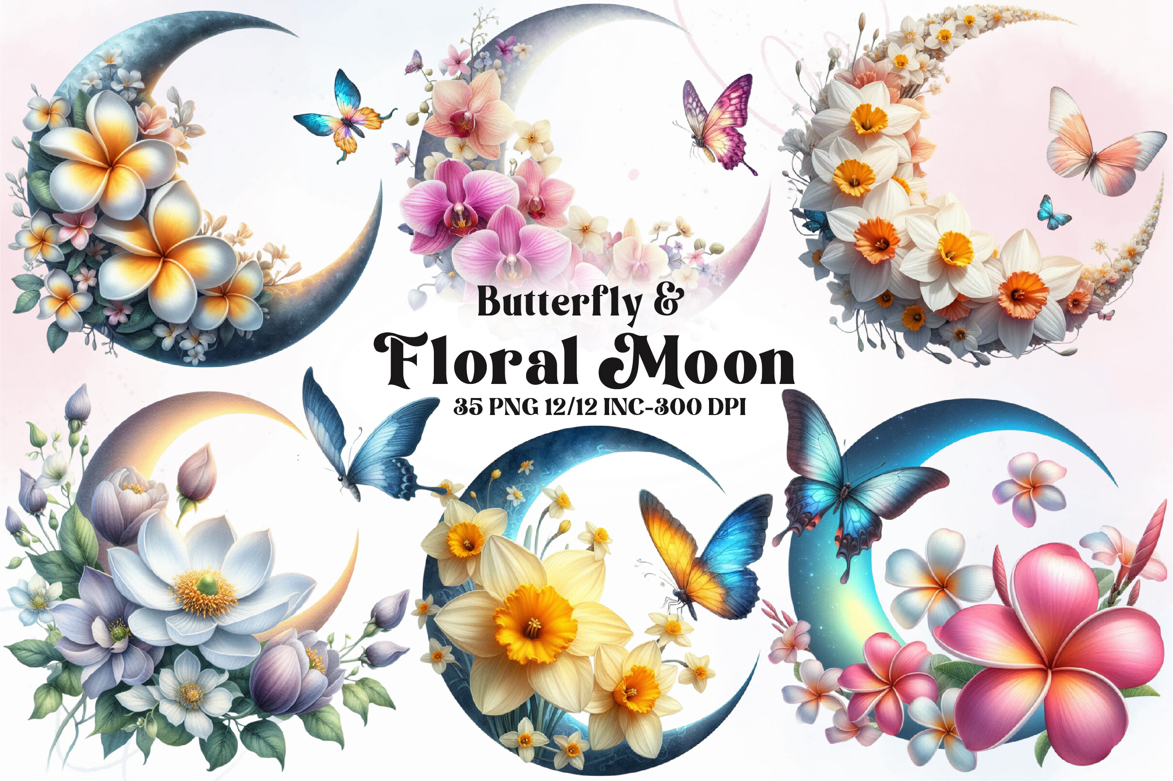 Watercolor Butterfly with Floral Moon