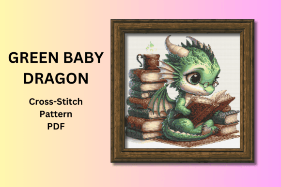 Baby Green Dragon Reading Cross Stitch