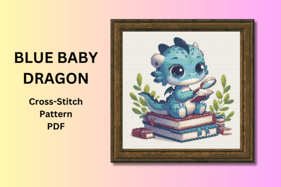 Blue Baby Dragon Reading Cross Stitch